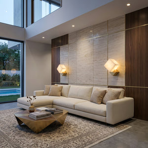 Vein Alabaster Cube Sconce - Double-Height Great Room | HoaiLamp