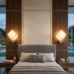 Vein Alabaster Cube Sconce - Symmetrical Master Bed Headboard | HoaiLamp