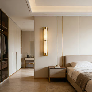 VUUE Cylindra Alabaster Brass Wall Light - Cozy Bedroom Nightstand Beige Wall | HoaiLamp