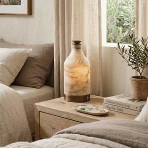 Wine Bottle Alabaster Table Lamp - Cozy Bedroom Setup Light Wood Nightstand Soft Window Light | HoaiLamp