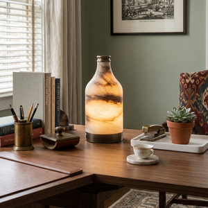Wine Bottle Alabaster Table Lamp - Cozy Home Office Walnut L Shaped Executive Desk Leather Pad | HoaiLamp