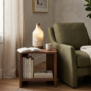 Wine Bottle Alabaster Table Lamp - Cozy Reading Nook Sage Green Armchair Wooden End Table | HoaiLamp