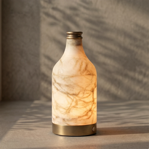 Wine Bottle Alabaster Table Lamp - Studio Grey Backdrop Soft Leaf Shadows Glowing Warm Lit | HoaiLamp