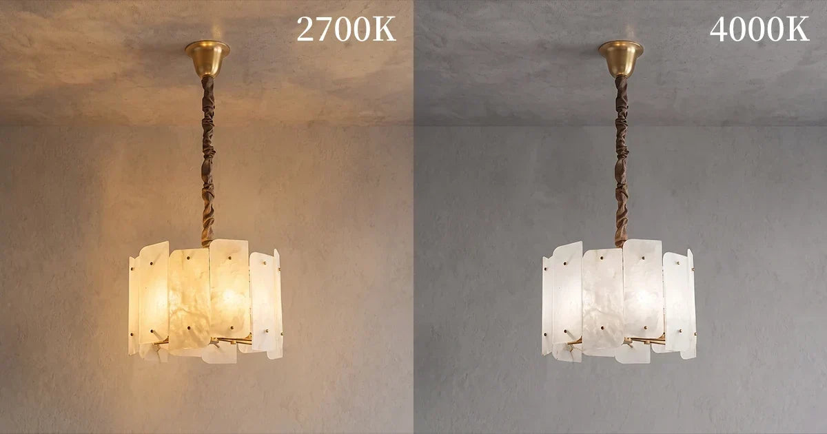 Side-by-side comparison of the same alabaster chandelier lit with a 2700K warm white bulb and a 4000K neutral white bulb