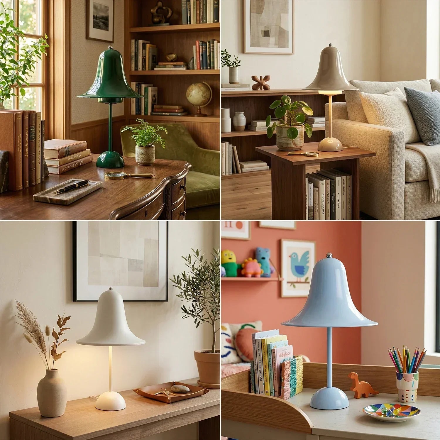 Hoailamp Danish Bell Portable Table Lamp collection in four colors—green, beige, white, and light blue—styled in various mid-century modern home interiors including a study, living room, and bedroom.