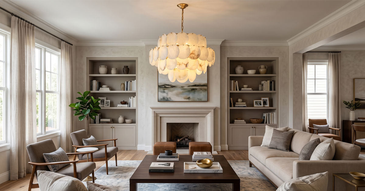 Alabaster chandelier glowing over a dining table