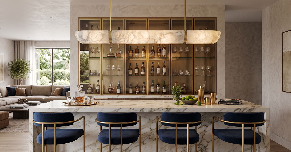 Alabaster pendant lights in a warm interior