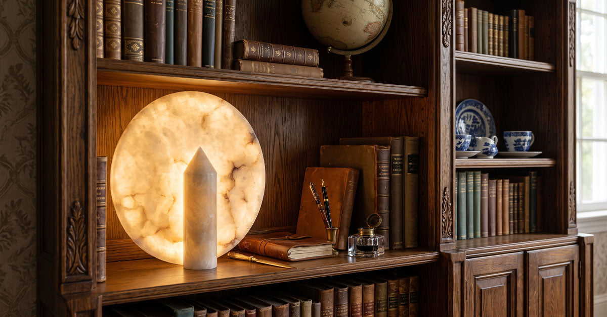 Alabaster table lamp on a console in a living room