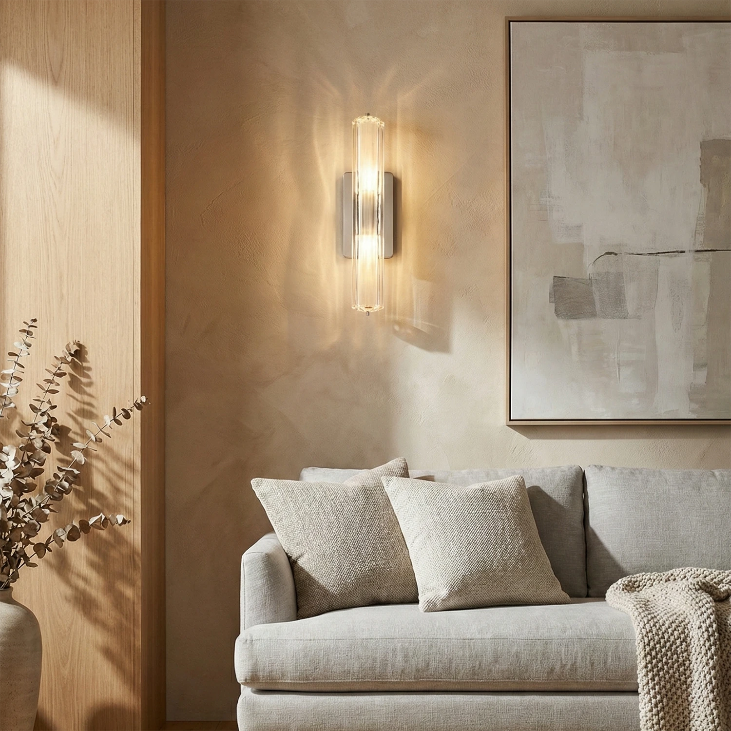 Audubonne Minimalist Crystal Column Sconce - Serene Beige Living Room Sofa Corner | HoaiLamp