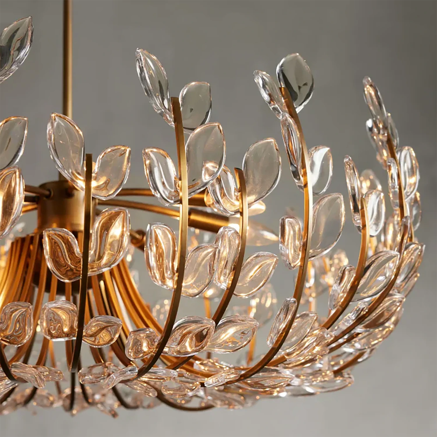 Adela Artisan Hand-Blown Glass Chandelier - Macro Close Up Crystal Glass Leaves Brass Branches | HoaiLamp
