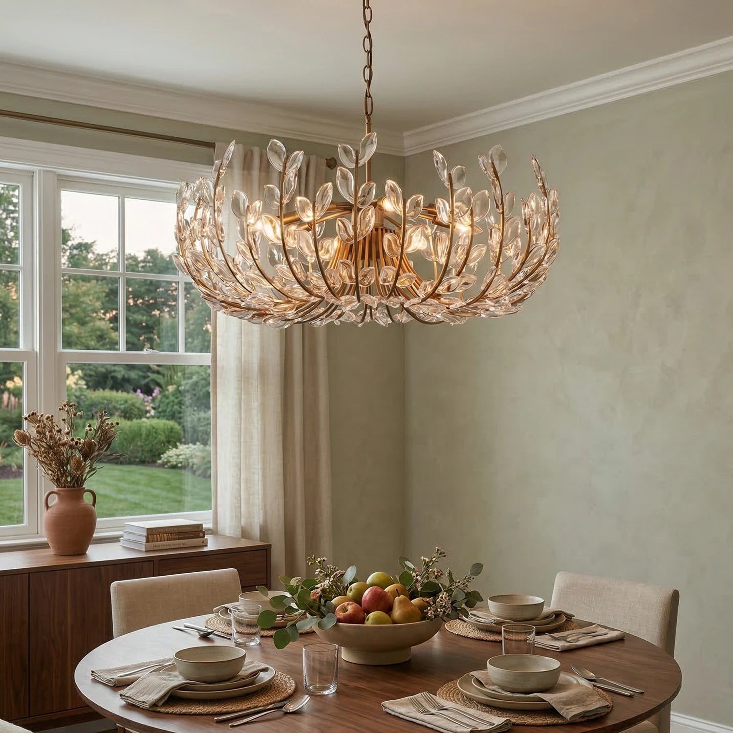 Adela Artisan Hand-Blown Glass Chandelier - Sage Green Dining Room Round Wooden Table | HoaiLamp