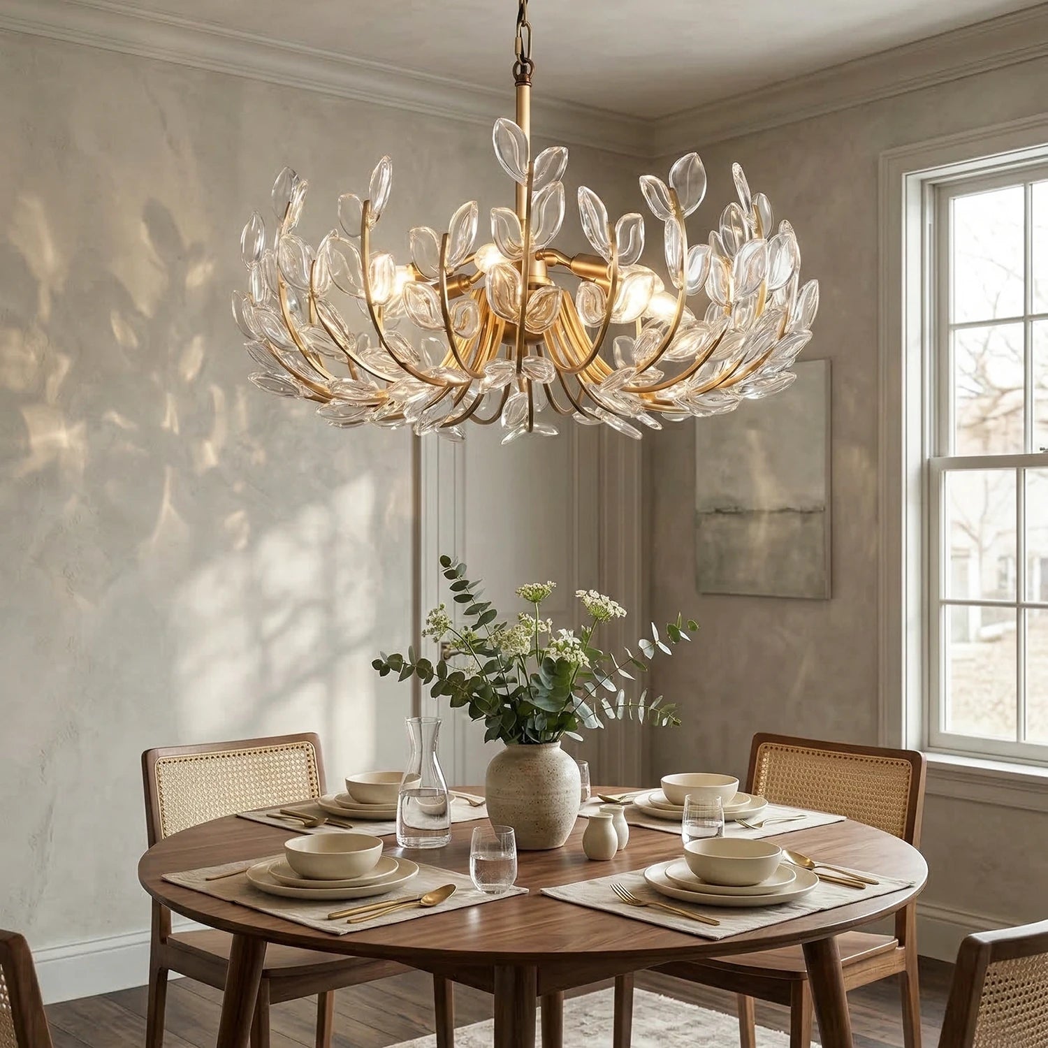 Adela Artisan Hand-Blown Glass Chandelier - Transitional Dining Room Cane Back Chairs Sunlight | HoaiLamp