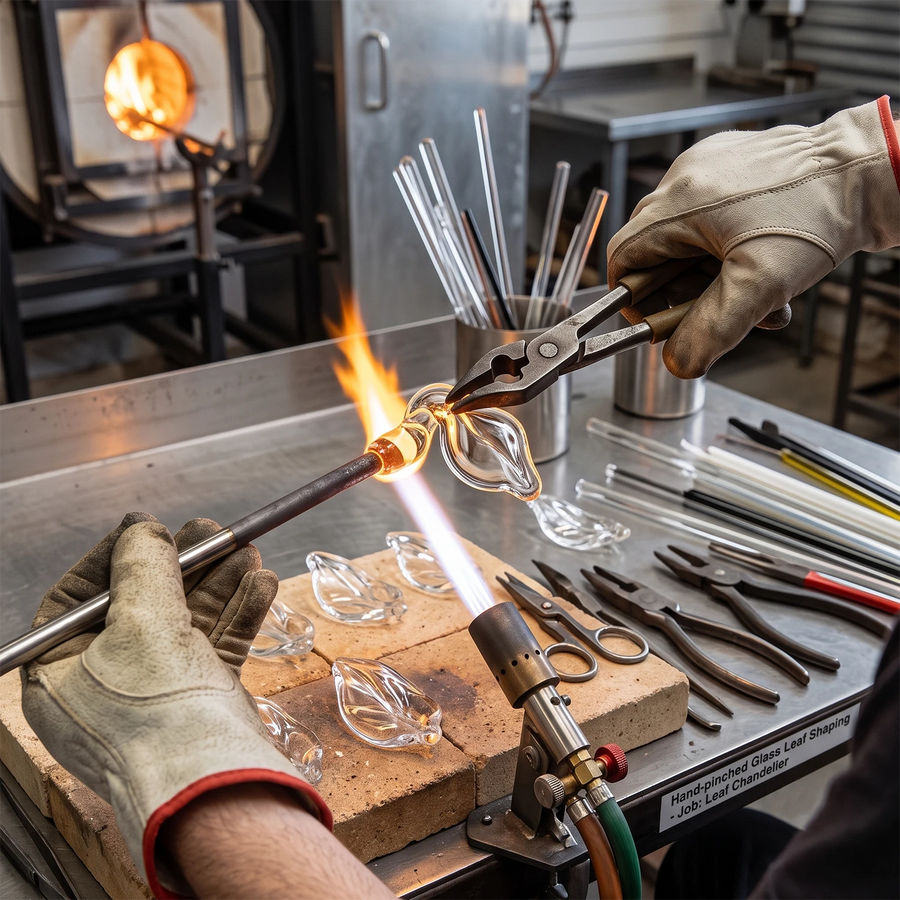 Leaf Forming & ShapingEach glass leaf is individually hand-formed and shaped.