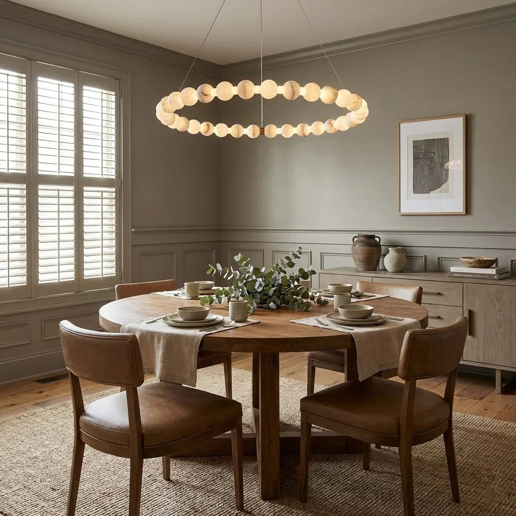 Alabaster Beaded Ring Chandelier - Elegant Dining Room Round Wooden Table Shutter Window | HoaiLamp