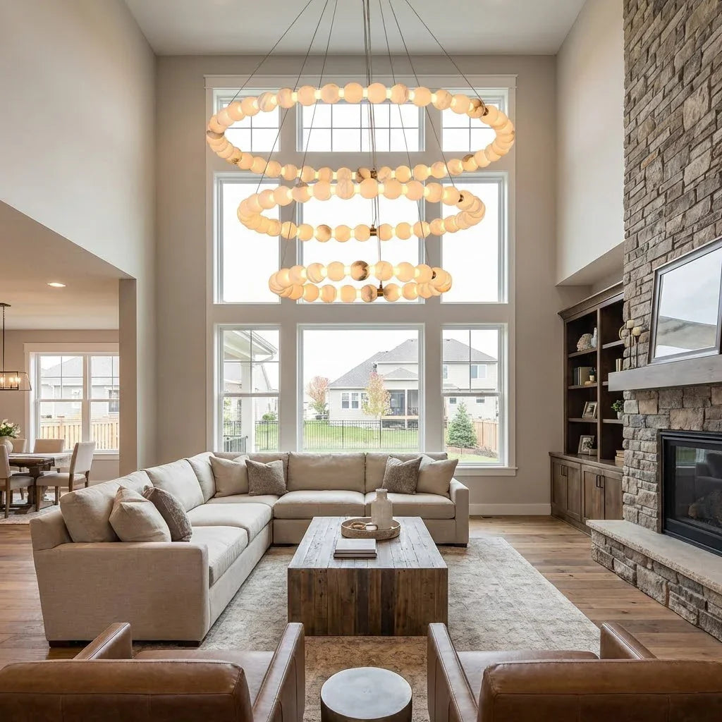 Alabaster Beaded Ring Chandelier - Double Height Living Room Three Tier Concentric Rings | HoaiLamp