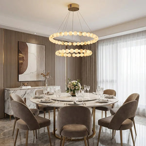 Alabaster Beaded Ring Chandelier - Elegant Neutral Dining Room Round Table Two Tier | HoaiLamp