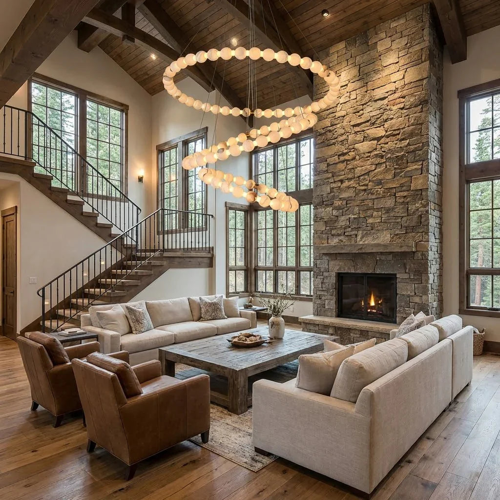 Alabaster Beaded Ring Chandelier - Farmhouse Living Room Stone Fireplace Wooden Staircase | HoaiLamp