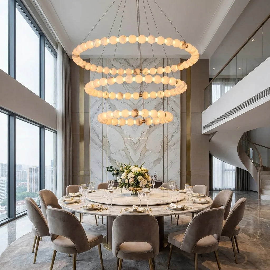 Alabaster Beaded Ring Chandelier - Grand Formal Dining Room Round Table Three Tier | HoaiLamp