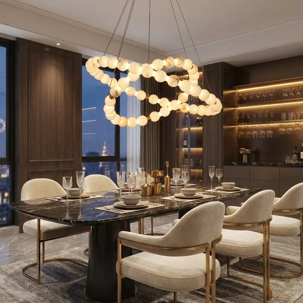 Alabaster Beaded Ring Chandelier - Luxury Modern Dining Room Long Table Crossed Rings | HoaiLamp