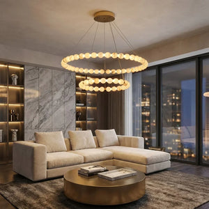 Alabaster Beaded Ring Chandelier - Modern Living Room Marble Wall Two Tier Rings | HoaiLamp