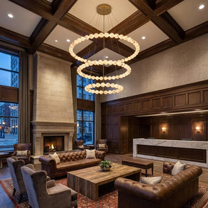 Alabaster Beaded Ring Chandelier - Rustic Lodge Great Room Wood Beams Ceiling Three Tier | HoaiLamp