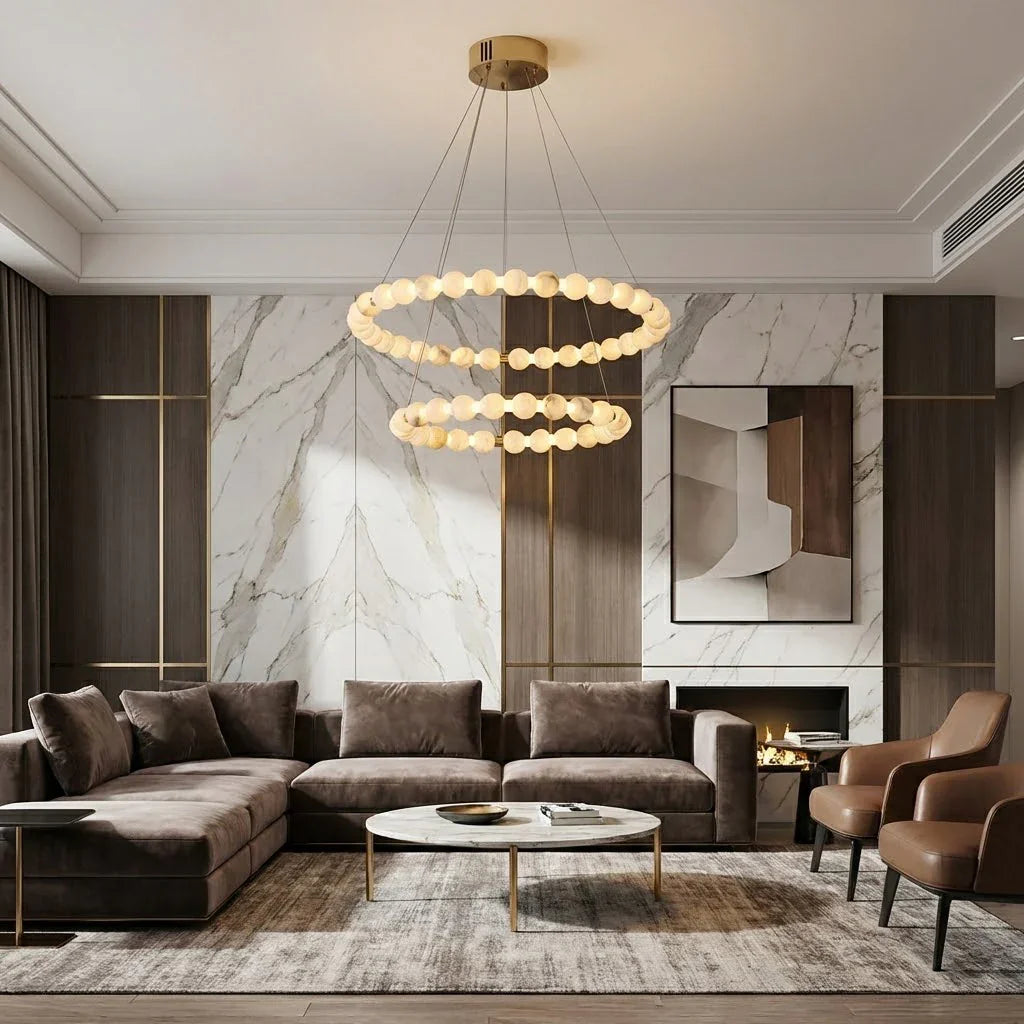 Alabaster Beaded Ring Chandelier - Contemporary Living Room Sectional Sofa Marble Backdrop | HoaiLamp