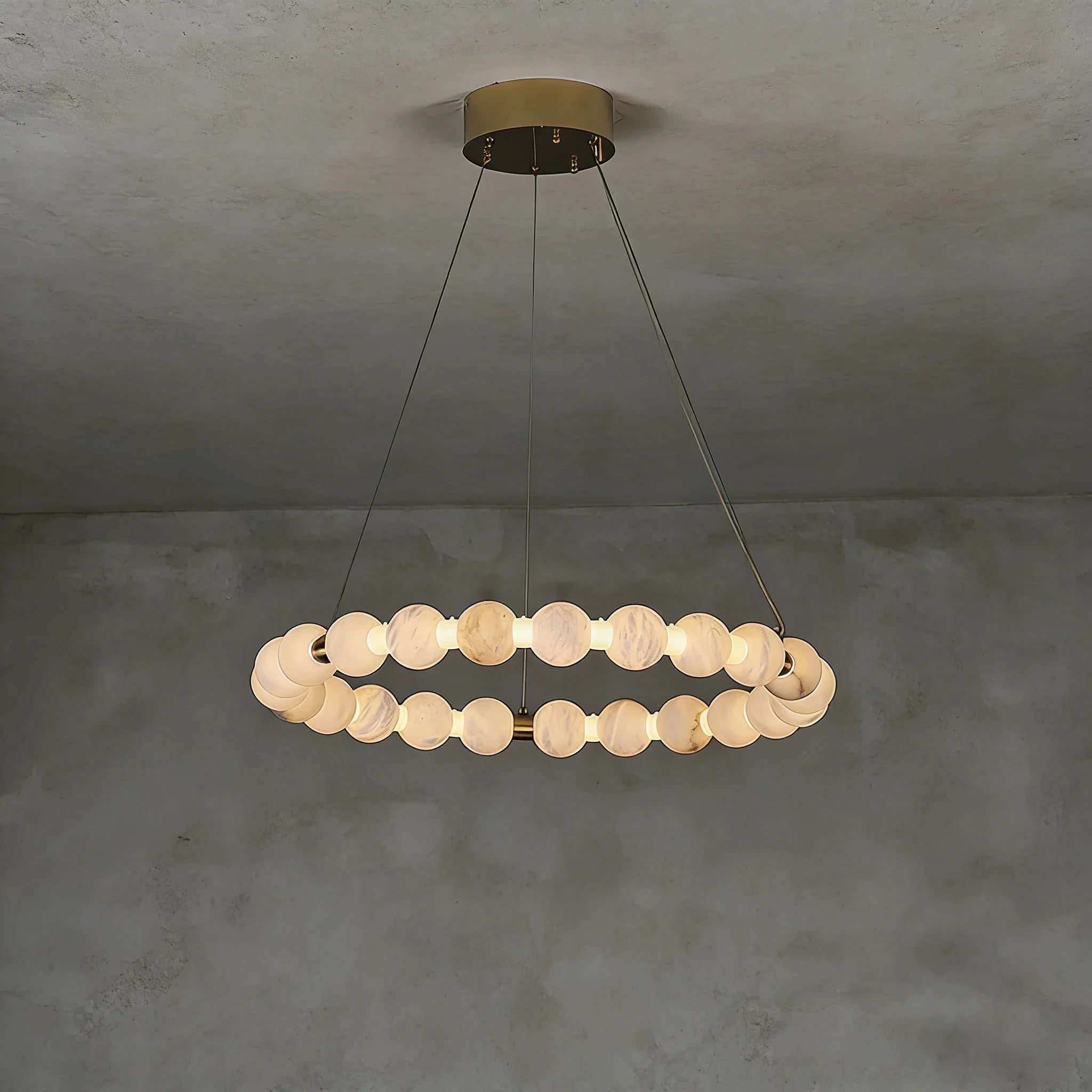Alabaster Beaded Ring Chandelier - Studio Grey Background Single Tier Halo Ring Lit | HoaiLamp