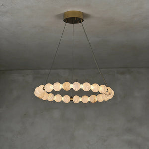 Alabaster Beaded Ring Chandelier - Studio Grey Background Single Tier Halo Ring Lit | HoaiLamp