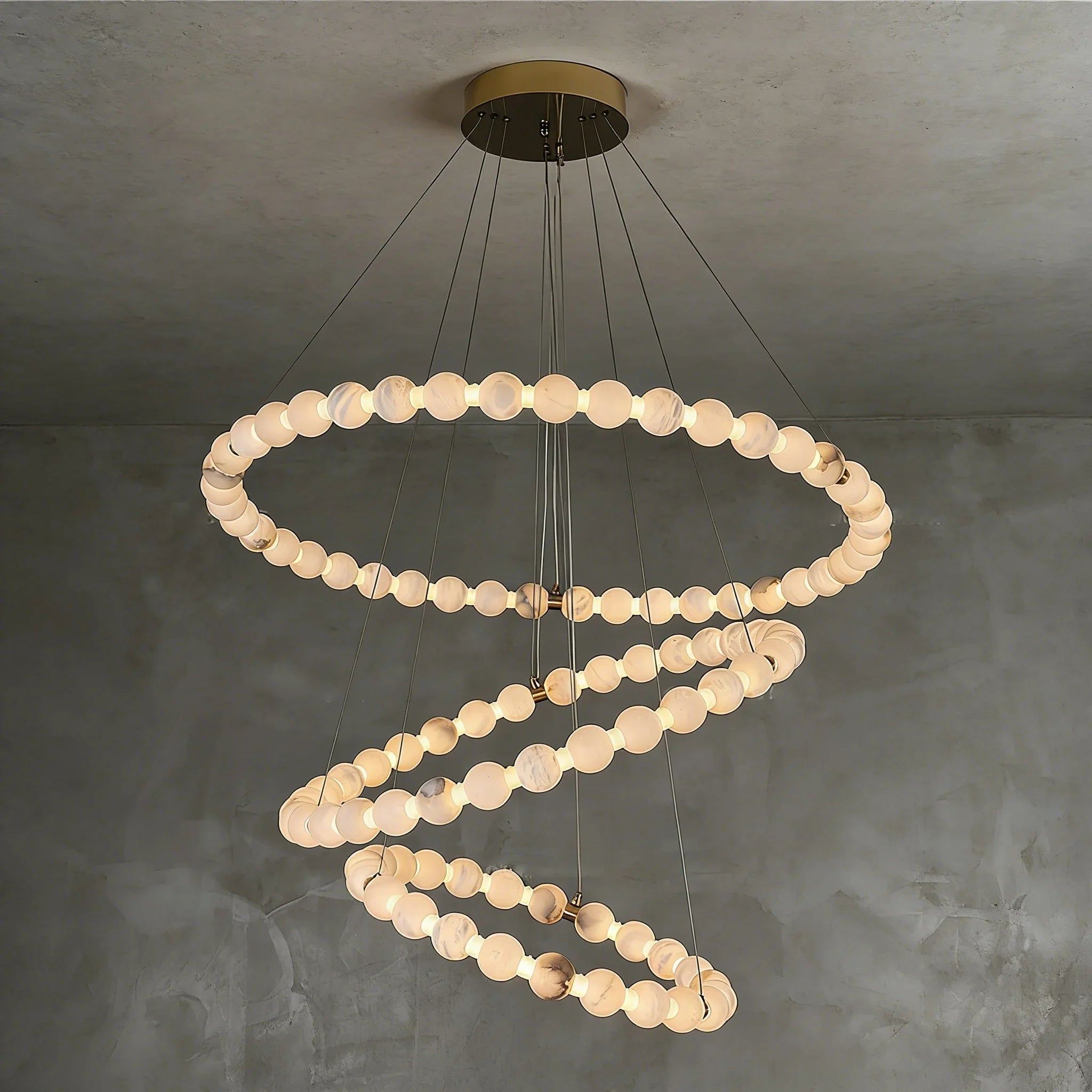 Alabaster Beaded Ring Chandelier - Studio Grey Background Three Tier Cascading Spiraled Rings | HoaiLamp