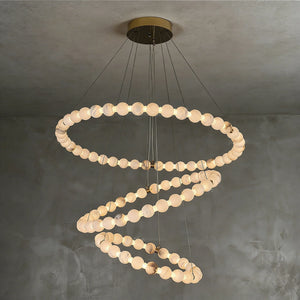 Alabaster Beaded Ring Chandelier - Studio Grey Background Three Tier Cascading Spiraled Rings | HoaiLamp