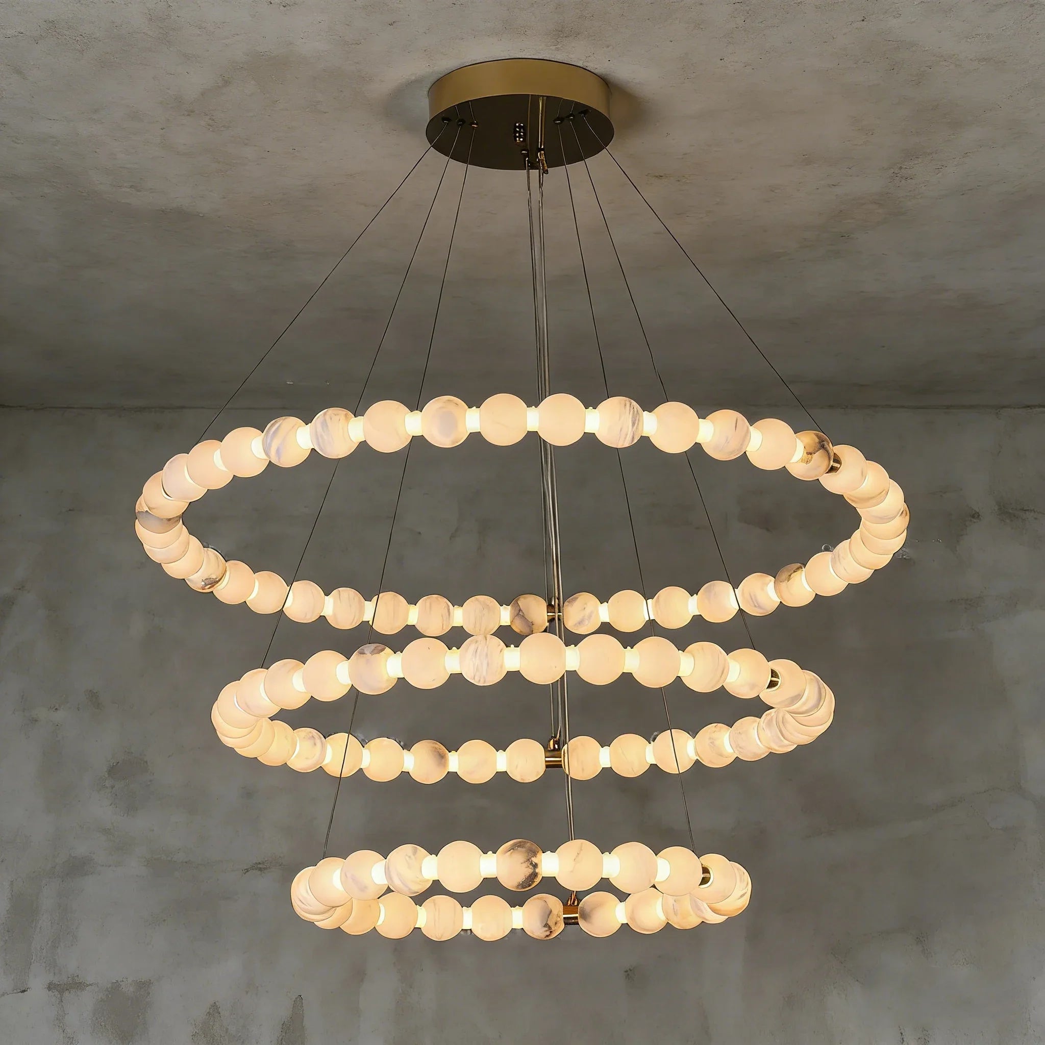 Alabaster Beaded Ring Chandelier - Studio Grey Background Three Tier Stacked Concentric Rings | HoaiLamp