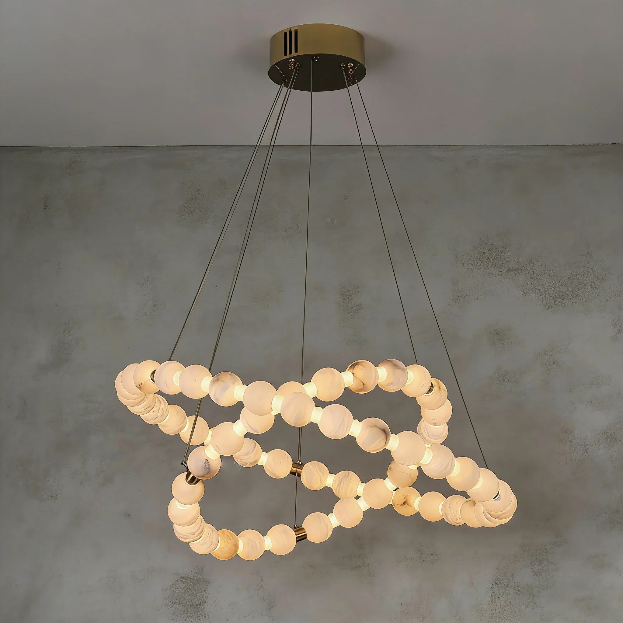 Alabaster Beaded Ring Chandelier - Studio Grey Background Two Tier Deeply Crossed Angled Rings | HoaiLamp