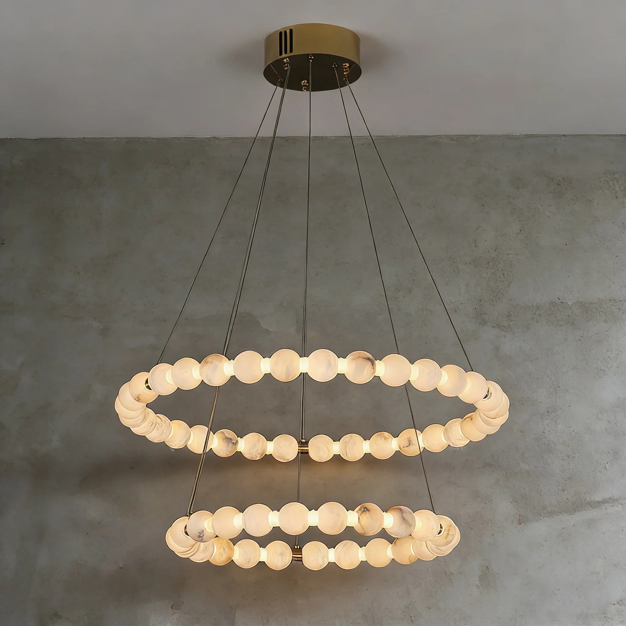 Alabaster Beaded Ring Chandelier - Studio Grey Background Two Tier Stacked Vertical Rings | HoaiLamp
