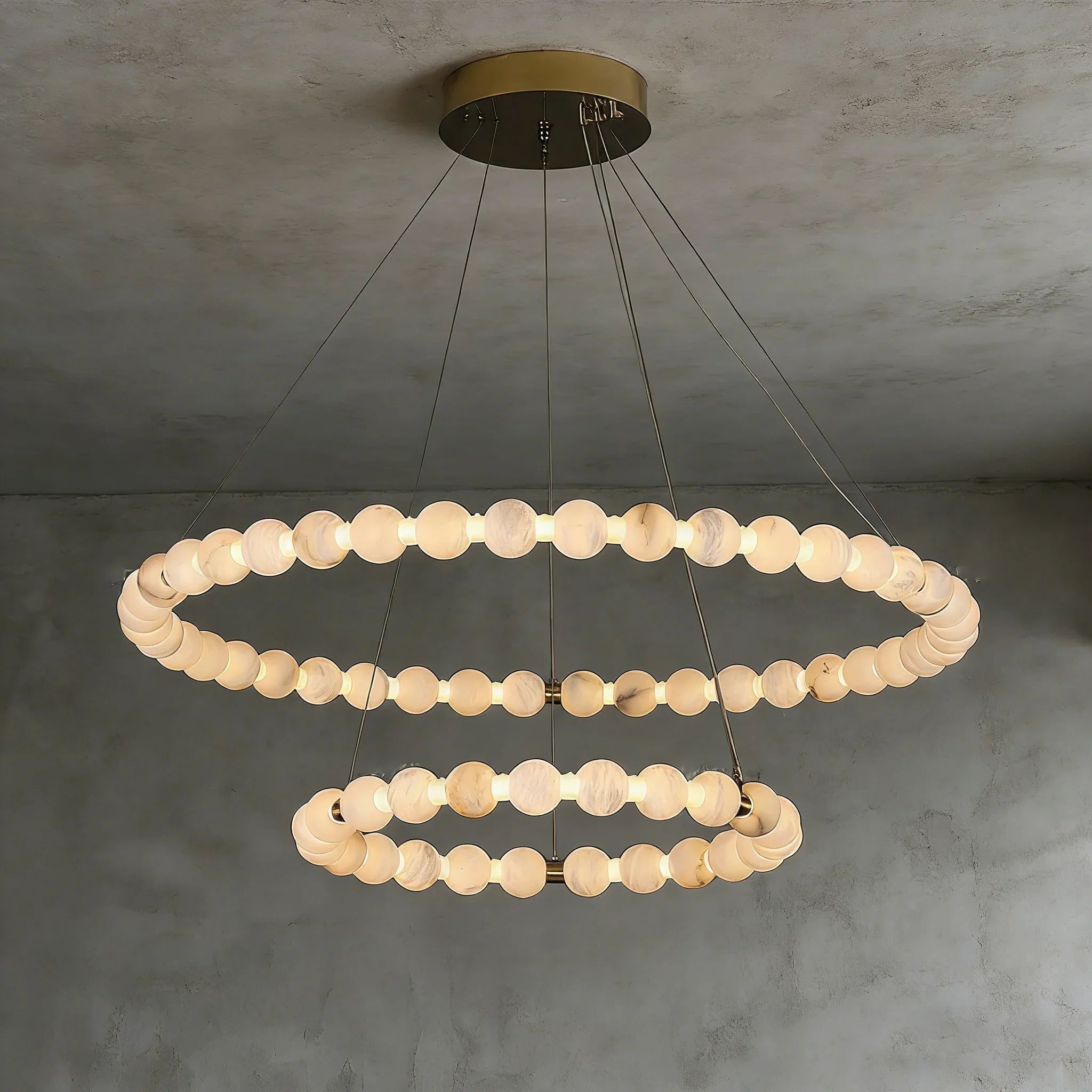 Alabaster Beaded Ring Chandelier - Studio Low Angle View Two Tier Stacked Rings Lit | HoaiLamp