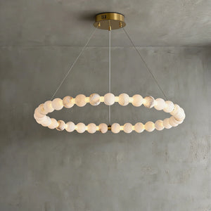 Alabaster Beaded Ring Chandelier - Studio Grey Concrete Backdrop Single Ring Lit | HoaiLamp