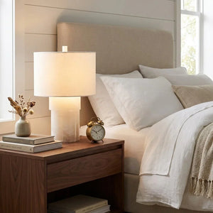 Alabaster Column Drum Table Lamp - Close Up Bedside Nightstand Crisp White Linen Bedding | HoaiLamp
