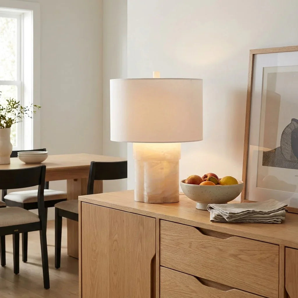 Alabaster Column Drum Table Lamp - Bright Dining Space Light Oak Credenza Storage Cabinet | HoaiLamp