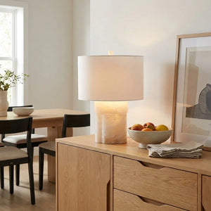 Alabaster Column Drum Table Lamp - Bright Dining Space Light Oak Credenza Storage Cabinet | HoaiLamp