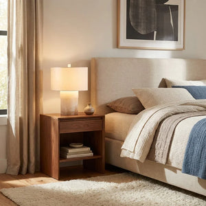 Alabaster Column Drum Table Lamp - Cozy Master Bedroom Walnut Nightstand Beige Headboard | HoaiLamp