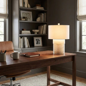 Alabaster Column Drum Table Lamp - Executive Home Office Wooden Desk Built In Bookshelf | HoaiLamp