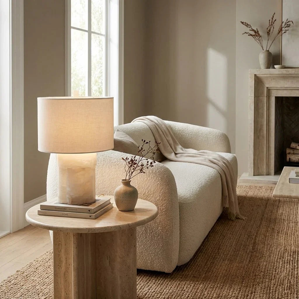 Alabaster Column Drum Table Lamp - Living Room Round Wooden Side Table Cream Boucle Sofa | HoaiLamp