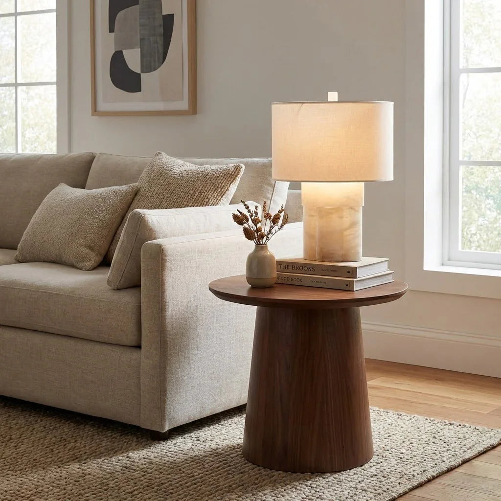 Alabaster Column Drum Table Lamp - Living Room Round Walnut End Table Linen Sofa | HoaiLamp