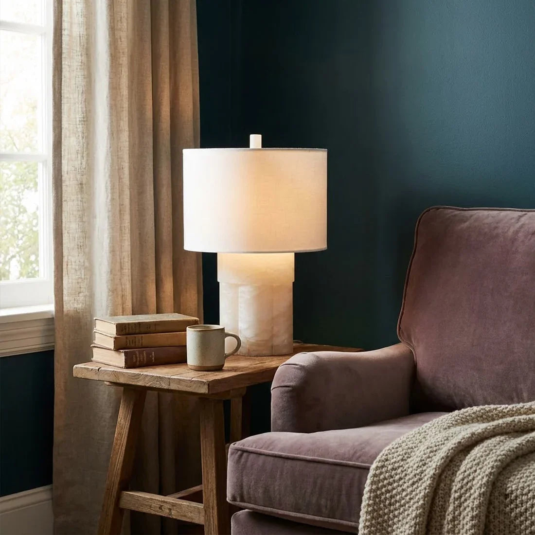 Alabaster Column Drum Table Lamp - Close Up Stacked Cylinder Base Translucent Stone Vein | HoaiLamp