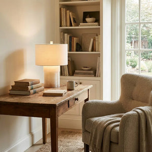 Alabaster Column Drum Table Lamp - Cozy Reading Nook Vintage Writing Desk Upholstered Armchair | HoaiLamp