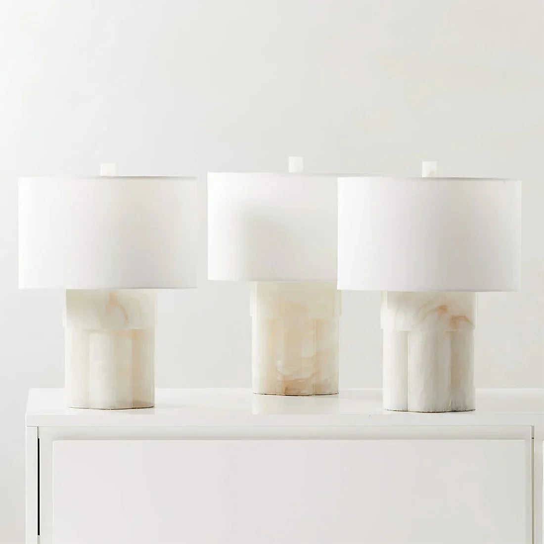 Alabaster Column Drum Table Lamp - Trio Display White Credenza Natural Material Variation | HoaiLamp