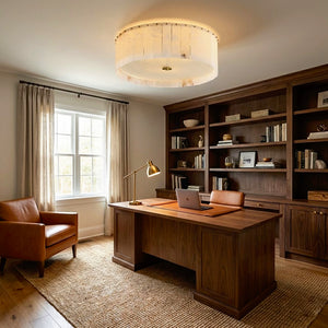 Alabaster Disc Flush Mount Ceiling Light - Executive Home Office Dark Wood Built In Bookcase Desk | HoaiLamp