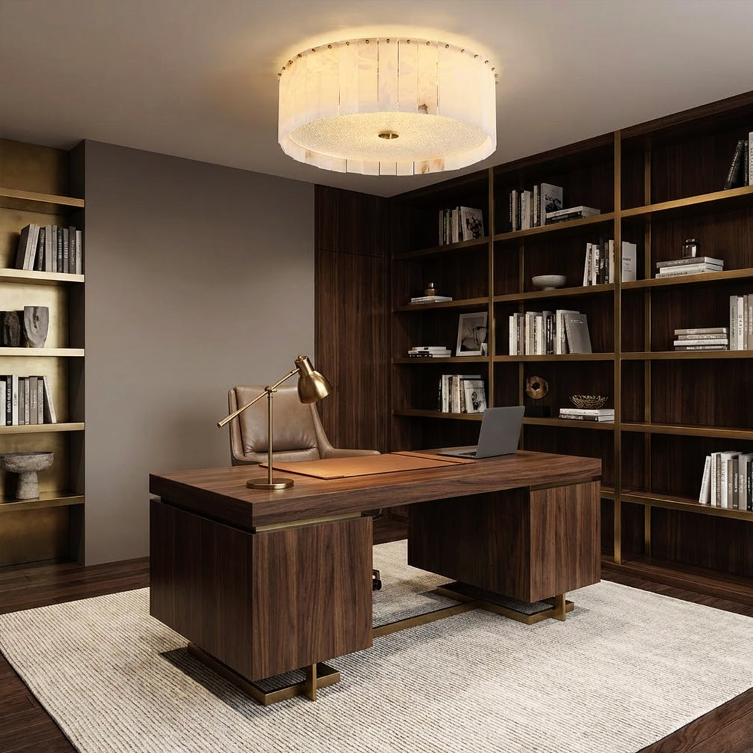 Alabaster Disc Flush Mount Ceiling Light - Executive Home Office Wooden Desk Built In Bookcase | HoaiLamp