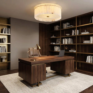 Alabaster Disc Flush Mount Ceiling Light - Executive Home Office Wooden Desk Built In Bookcase | HoaiLamp