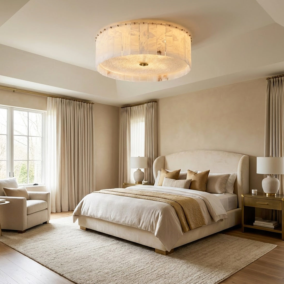 Alabaster Disc Flush Mount Ceiling Light - Luxury Master Bedroom Beige Wingback Bed Warm Lighting | HoaiLamp