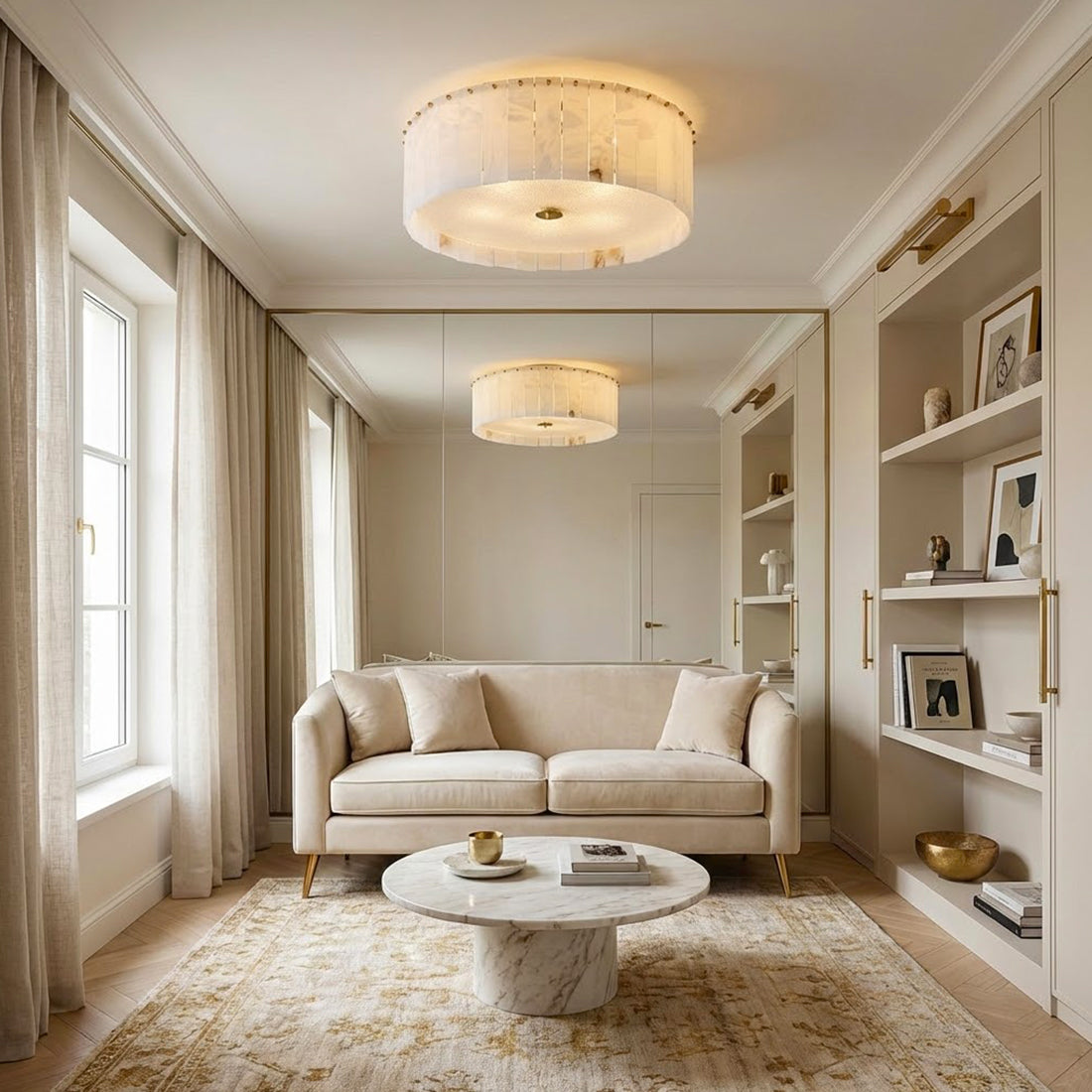 Alabaster Disc Flush Mount Ceiling Light - Minimalist Sitting Room White Linen Sofa Large Wall Mirror | HoaiLamp